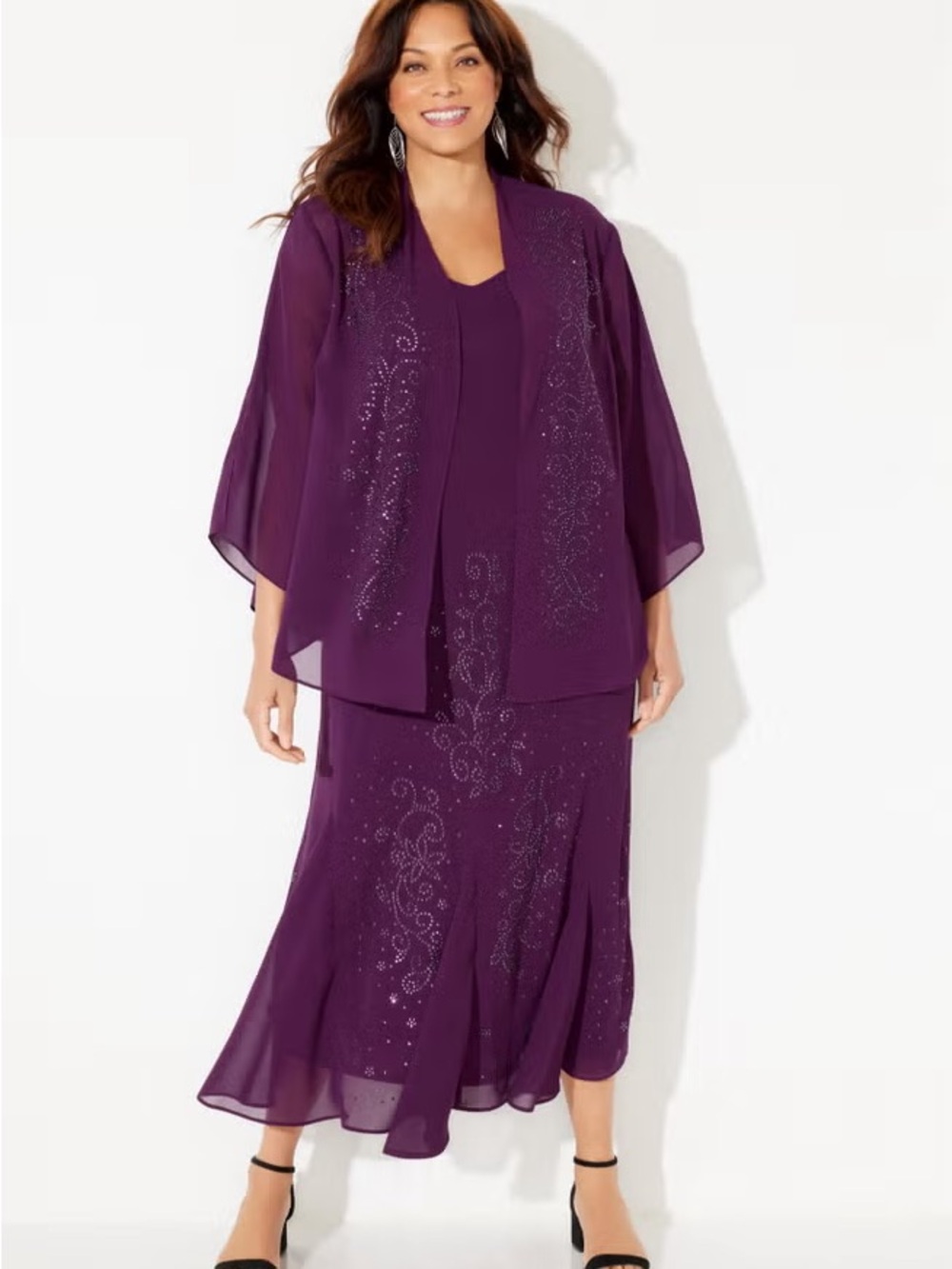 Catherines Plum Maxi Dress with Sheer Cape. Masquerade Beaded Dress Set